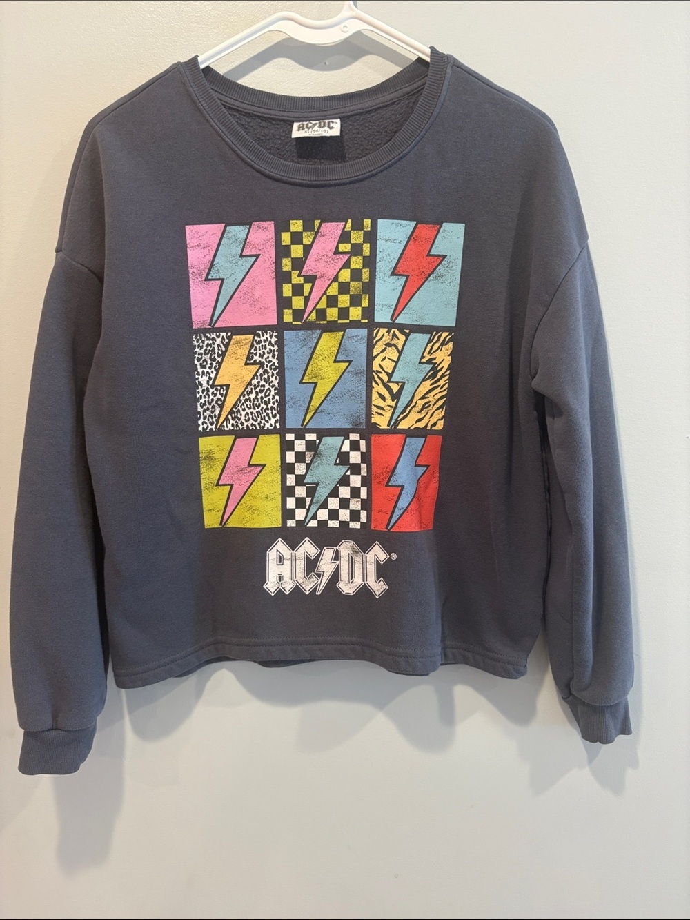 AC/DC Navy Sweatshirt with Multicolor Lightning Bolt Grid ptp 20 length 22